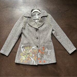 Mismash- floral embroidered and lace trim wool blend coat- size large